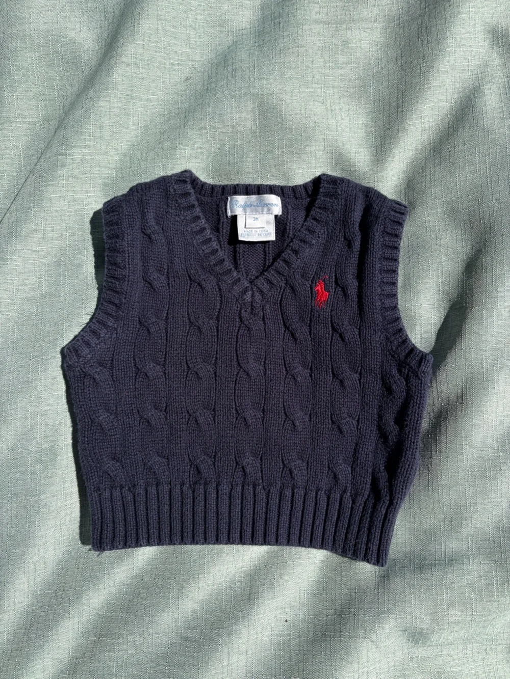 Ralph Lauren Navy Cable-Knit V-Neck Sweater Vest with Red Pony